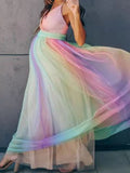 Muttermode Umstandskleid Fotoshooting Regenbogen Rückenfrei Spaghettiträger Schwangere Maxi Kleider
