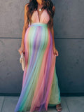 Muttermode Umstandskleid Fotoshooting Regenbogen Rückenfrei Spaghettiträger Schwangere Maxi Kleider