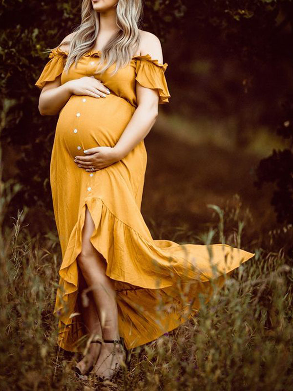 Muttermode Umstandskleider Schwangerschaft Fotoshootingkleid Rüschensaum Einreiher Babybauch Maxikleider
