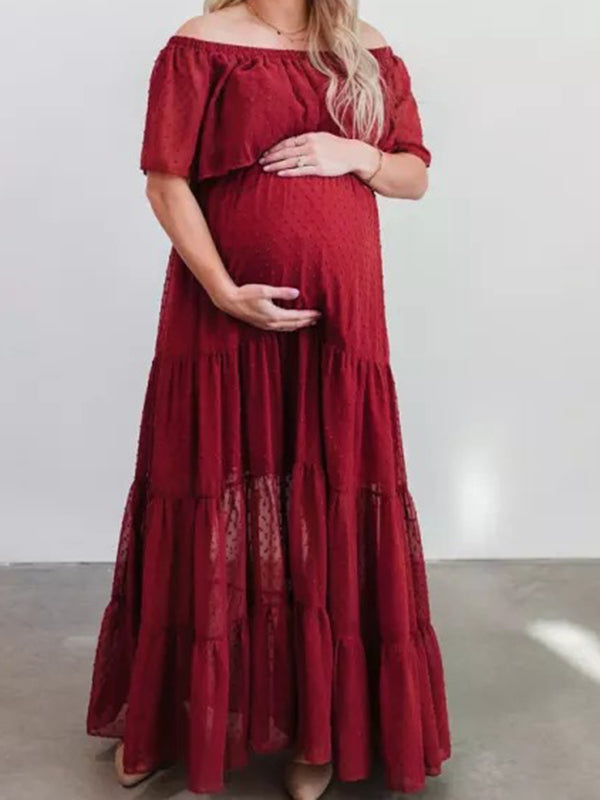 Muttermode Umstandskleider Photoshootingkleid Off Shoulder Punkten Rüschen Schwangerschaft Maxikleider