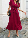 Muttermode Umstandskleider Plisseekleid Sommerkleid Gürtel Kurzärm Elegant Midikleider