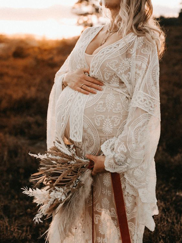 Muttermode Umstandskleider Fotoshootingkleider Elegant Spitze Transparente Gürtel Schwangerschaft Maxikleider